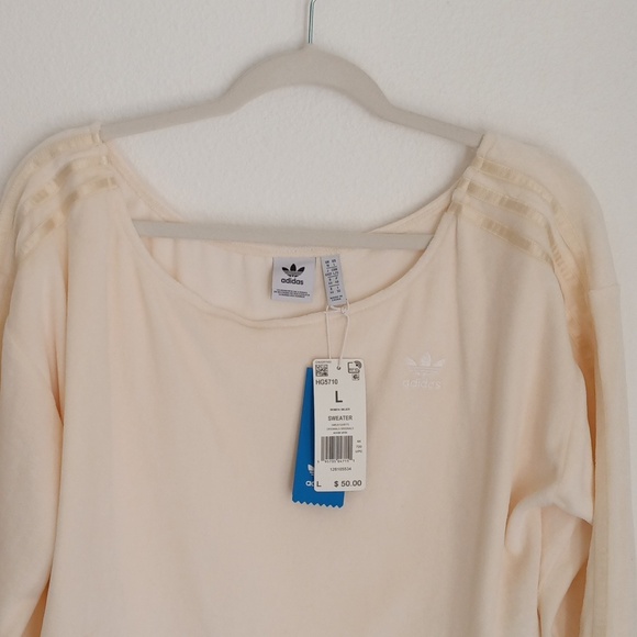 NWT Adidas Womens Velour Sweatshirt Cream Scoop Neck Cropped Sweater Size Large - Picture 3 of 10